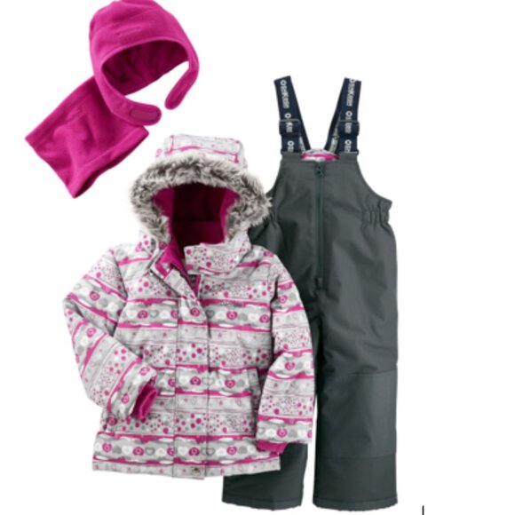 NWT Oshkosh B'gosh Baby Girl 4PC Snowsuit Set Heart Fleece-Lined Jacket … - Picture 1 of 4